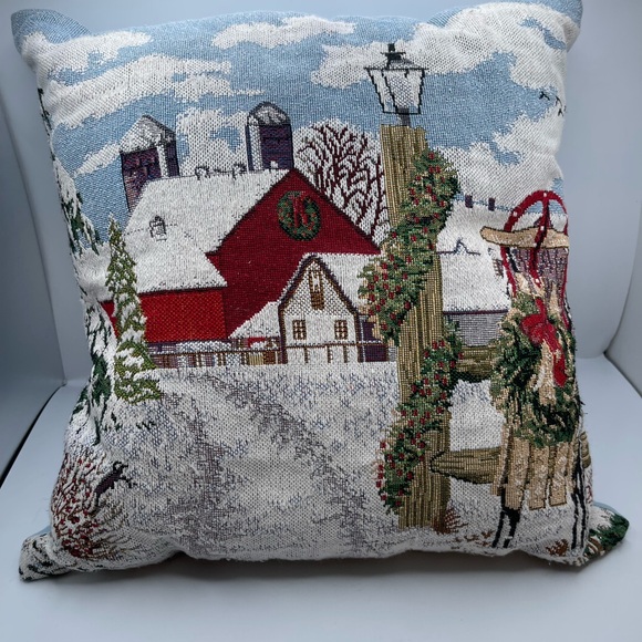 Needle Point Winter Farm Scene Throw Pillow 13.5” Sq - Picture 7 of 10
